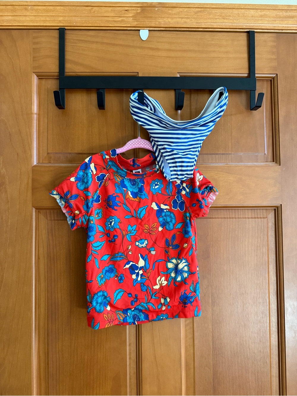 Kids Red Floral Rash Guard Top with Blue Striped Swim Hat